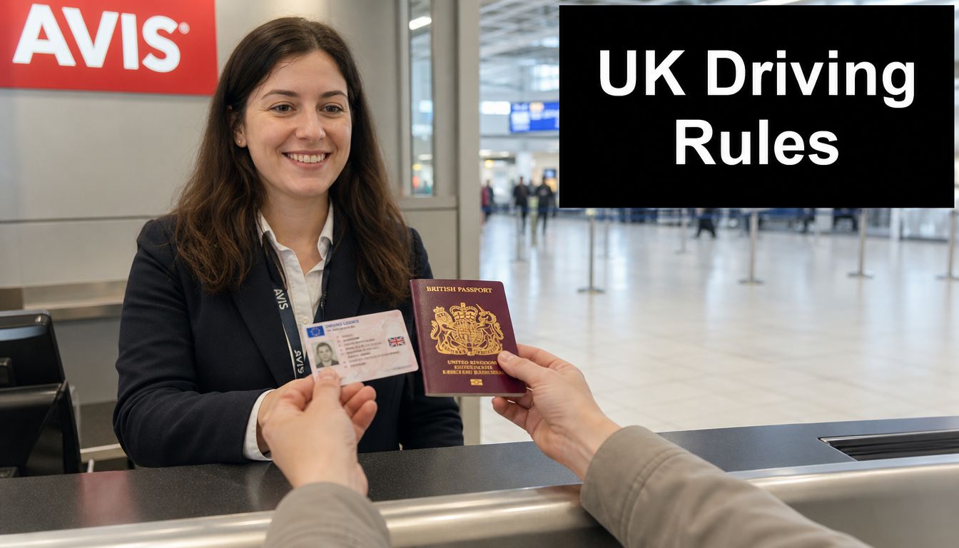 A rental agent at the Avis airport desk collecting a British passport and driving license from a customer.