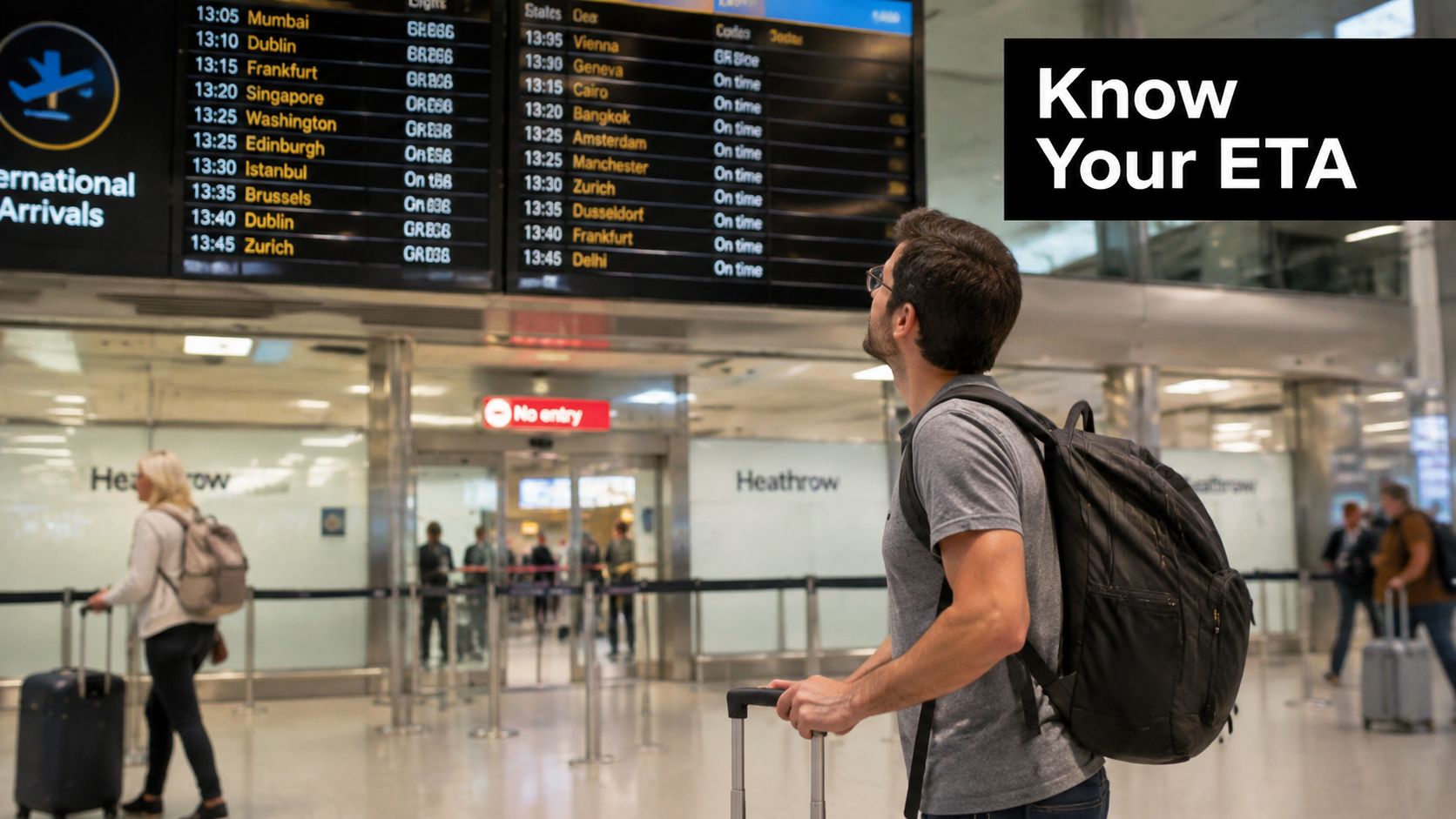 A traveler looking up at an arrivals information board at an international airport terminal.
