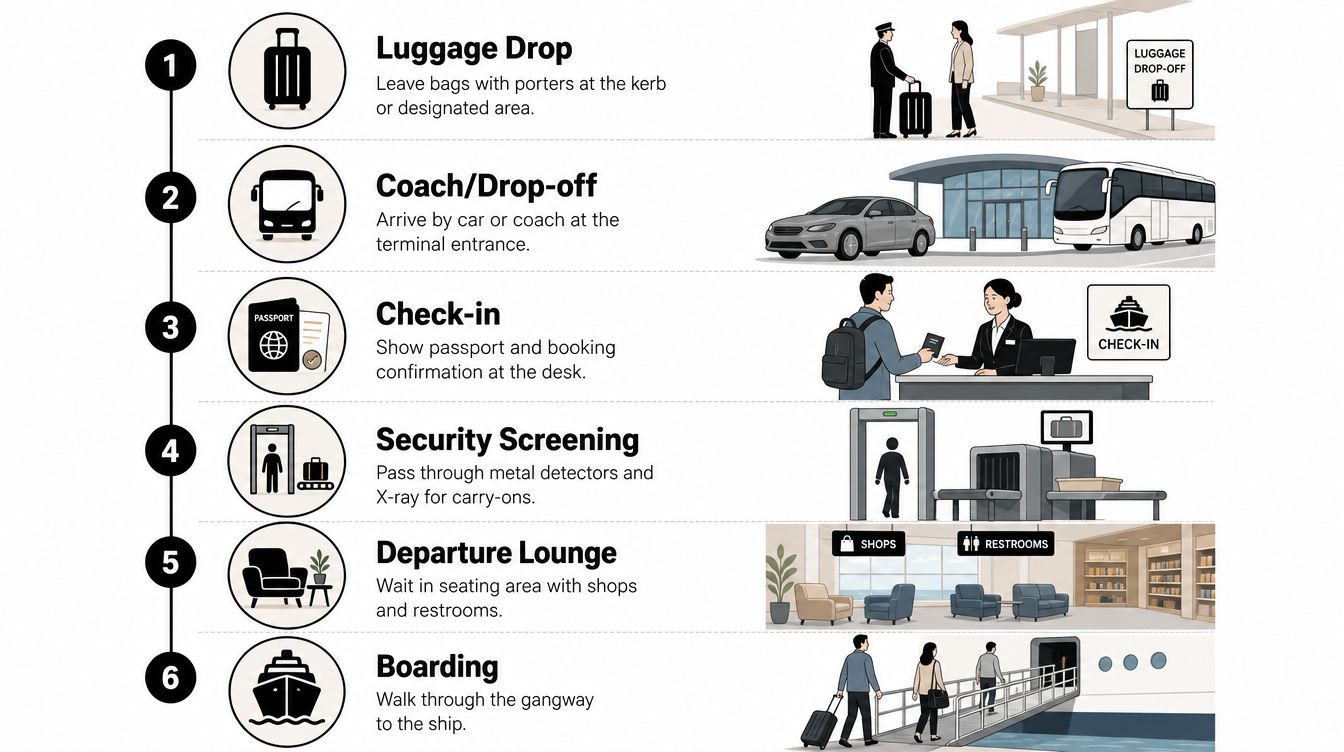 A six-step infographic illustrating the passenger process at a cruise terminal from luggage drop to ship boarding.