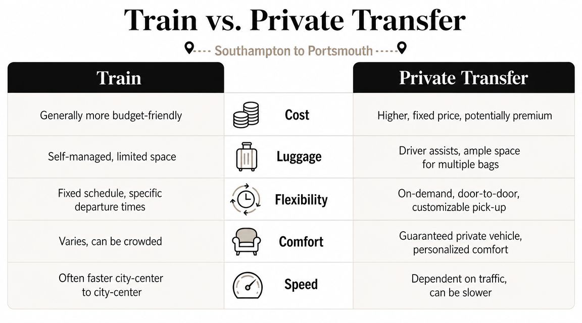 A comparison table outlining the pros and cons of taking a train versus a private transfer from Southampton to Portsmouth.