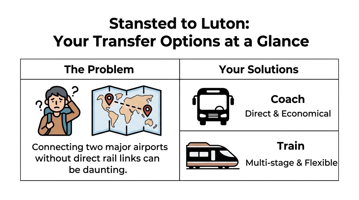 A diagram illustrating transport options, coach or train, for traveling between Stansted and Luton airports.