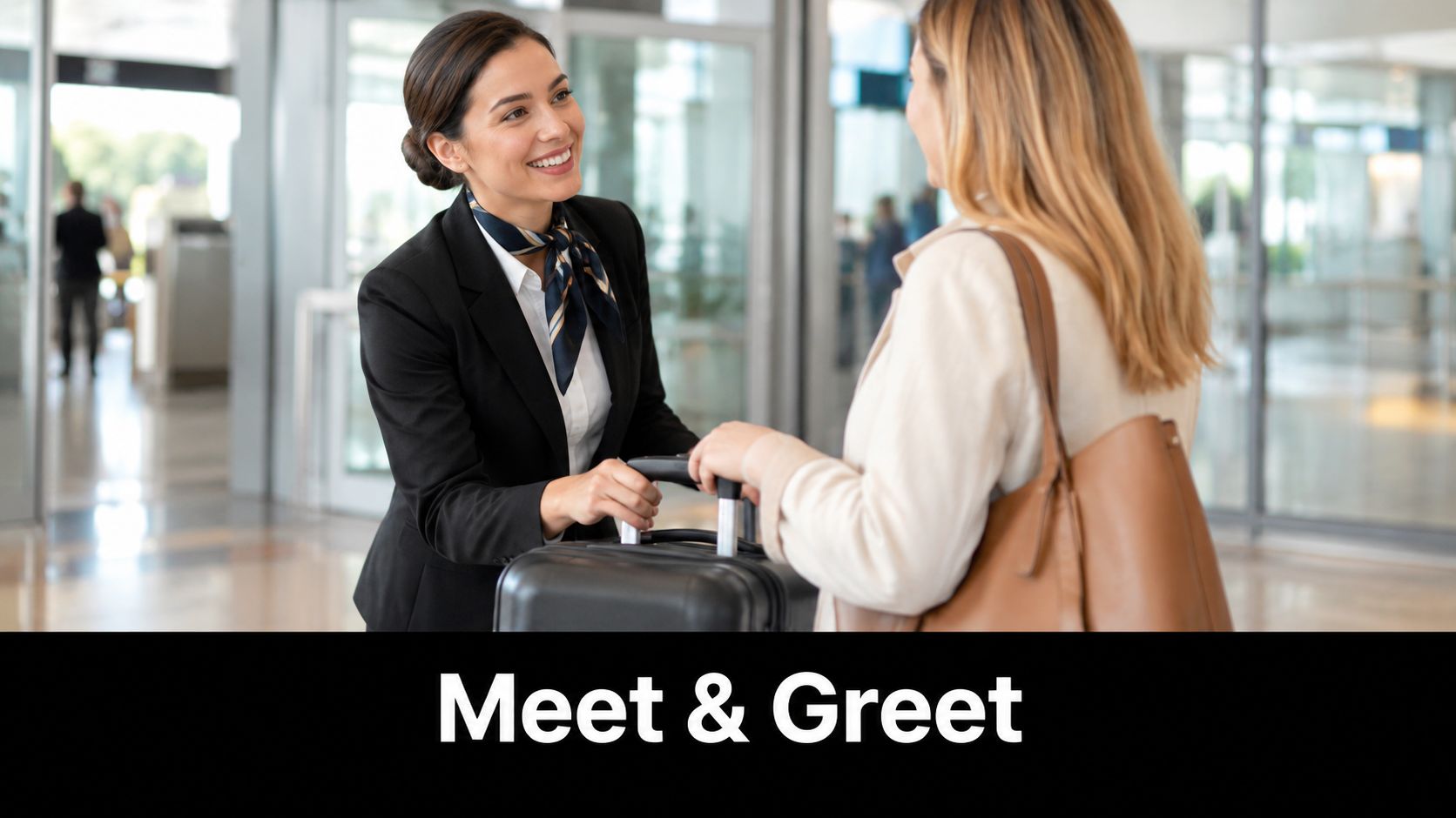 A professional airport concierge greets a traveler while assisting with her black rolling suitcase in terminal.