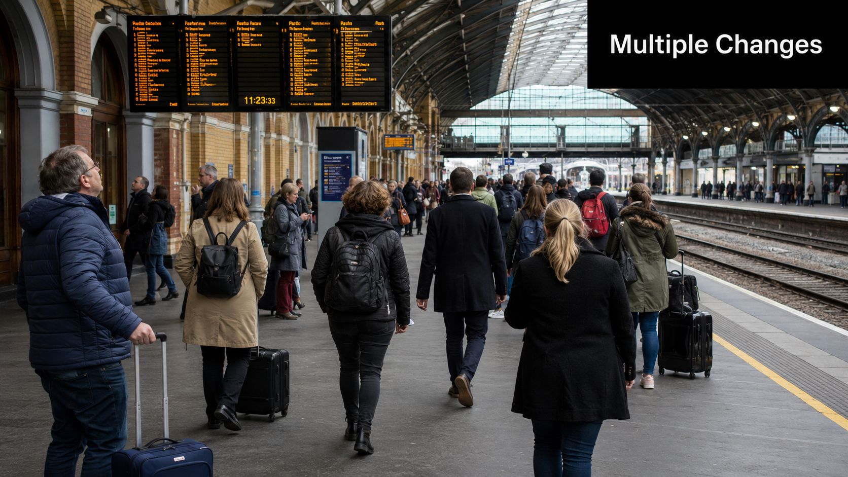 Passengers walking on a train station platform at a busy airport terminal with departure boards visible.
