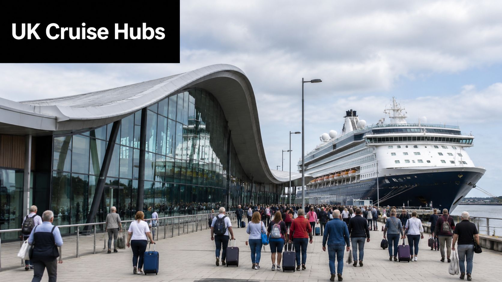 Passengers walking toward a large cruise ship docked at a modern glass cruise terminal building.