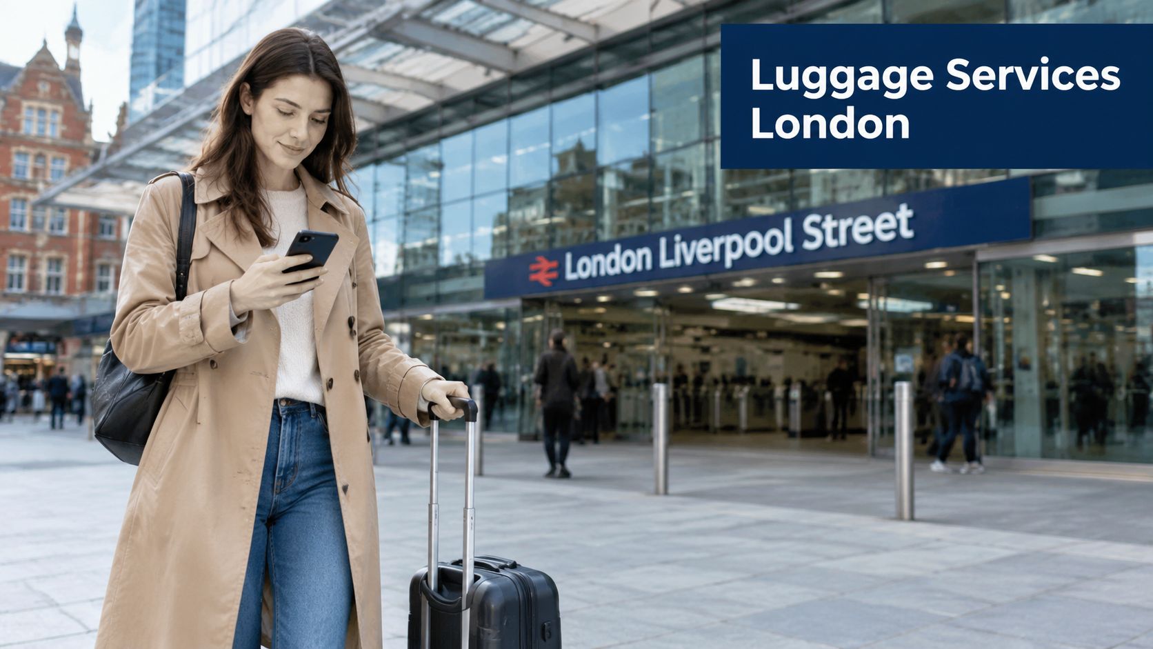 A young woman using her phone while standing with luggage outside London Liverpool Street train station.