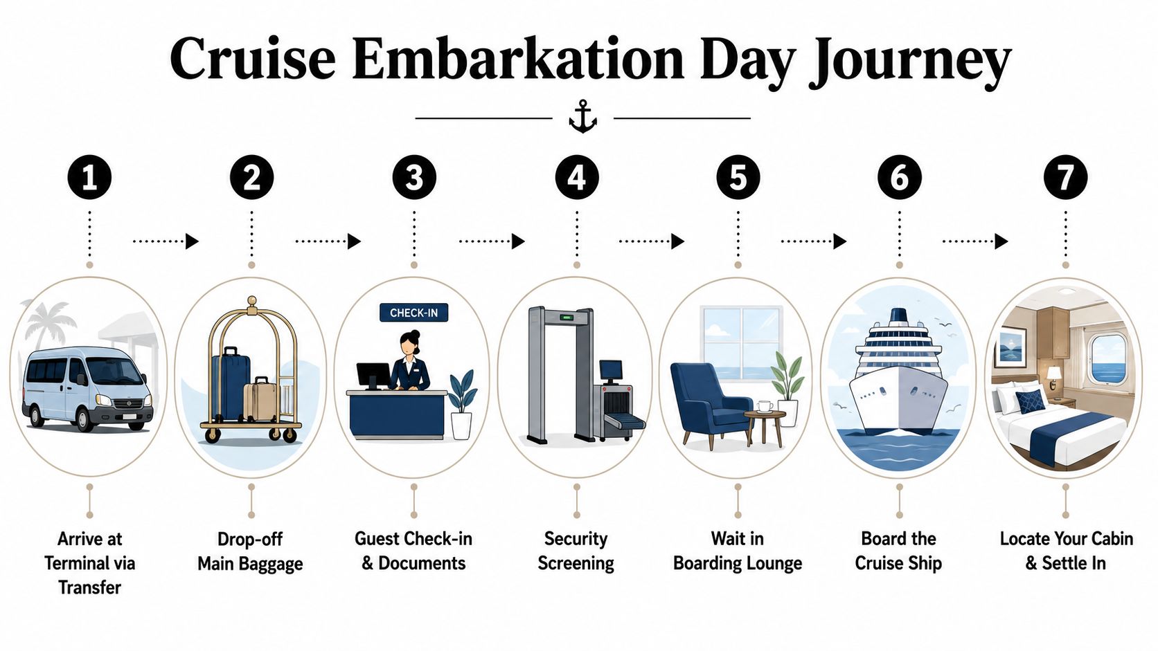 A numbered infographic showing seven steps of the cruise embarkation process at a maritime terminal.