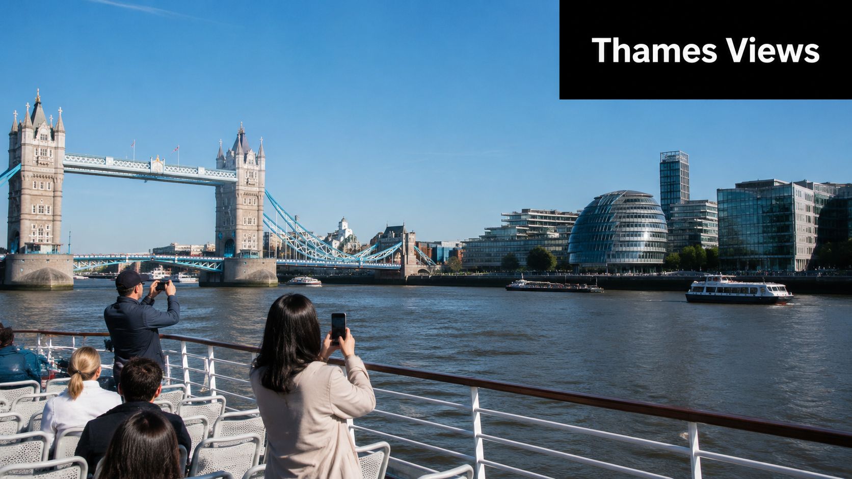 Tourists on a river cruise boat taking photos of London's Tower Bridge and the city skyline.