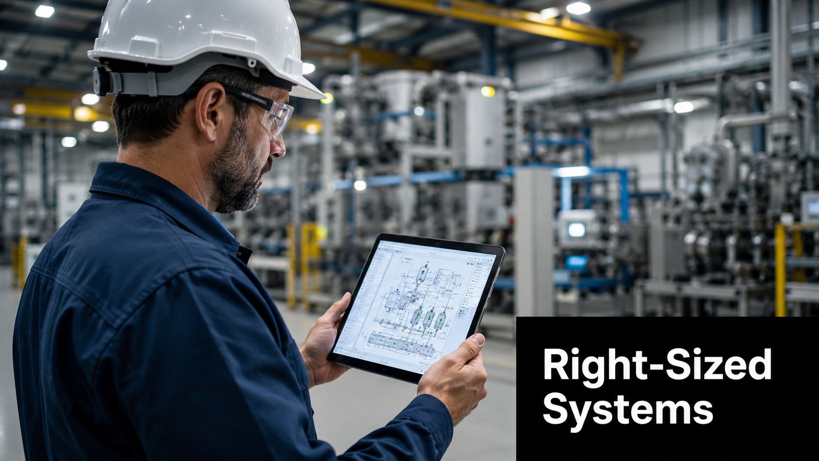 An industrial engineer in a hard hat inspects complex technical diagrams on a tablet in a factory.