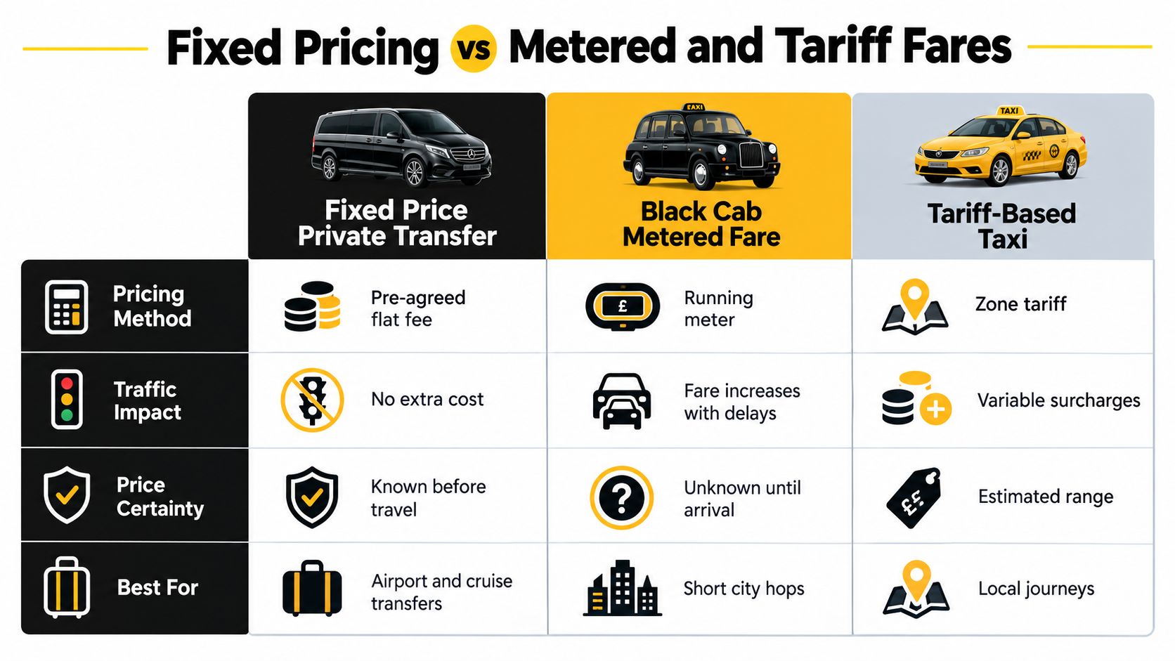 A comparison chart showing differences between fixed pricing, metered taxi fares, and tariff-based transport methods.
