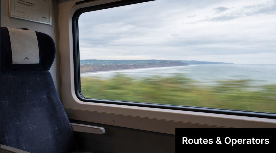 A view from a train seat overlooking the scenic coastline while traveling in the United Kingdom.
