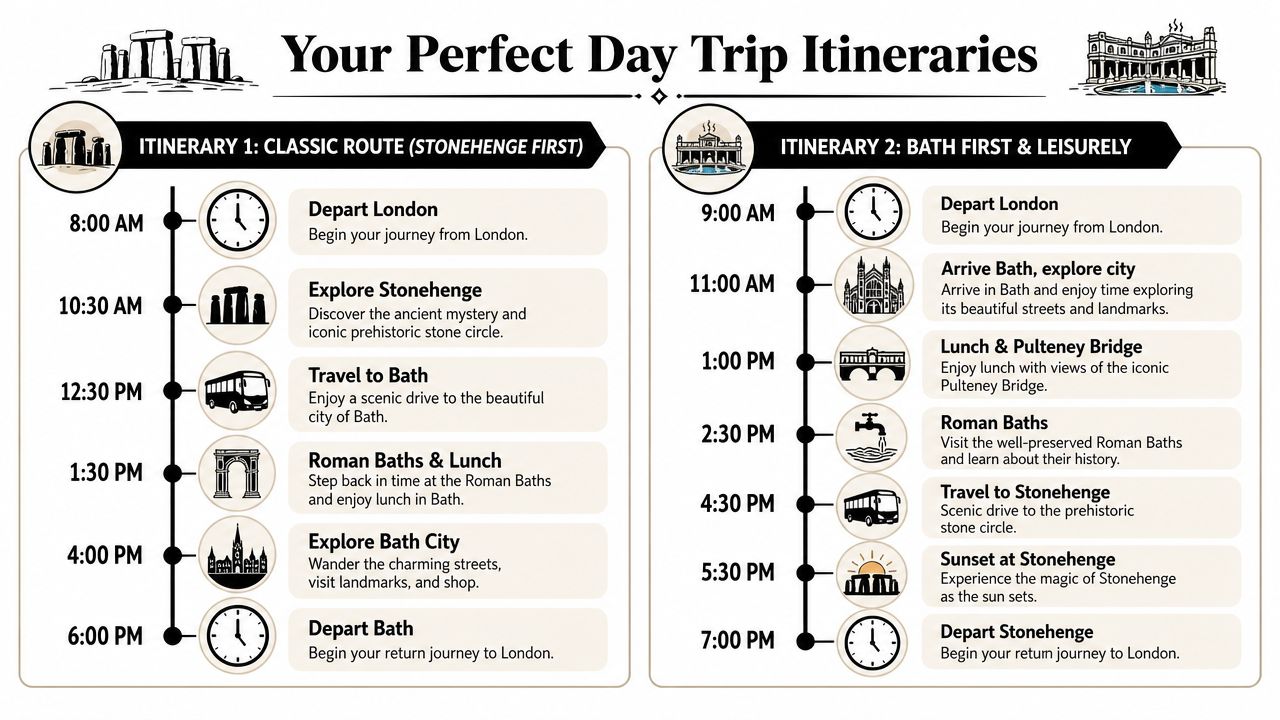 Two travel itineraries for day trips from London to Stonehenge and Bath, detailing time-based schedules for activities.