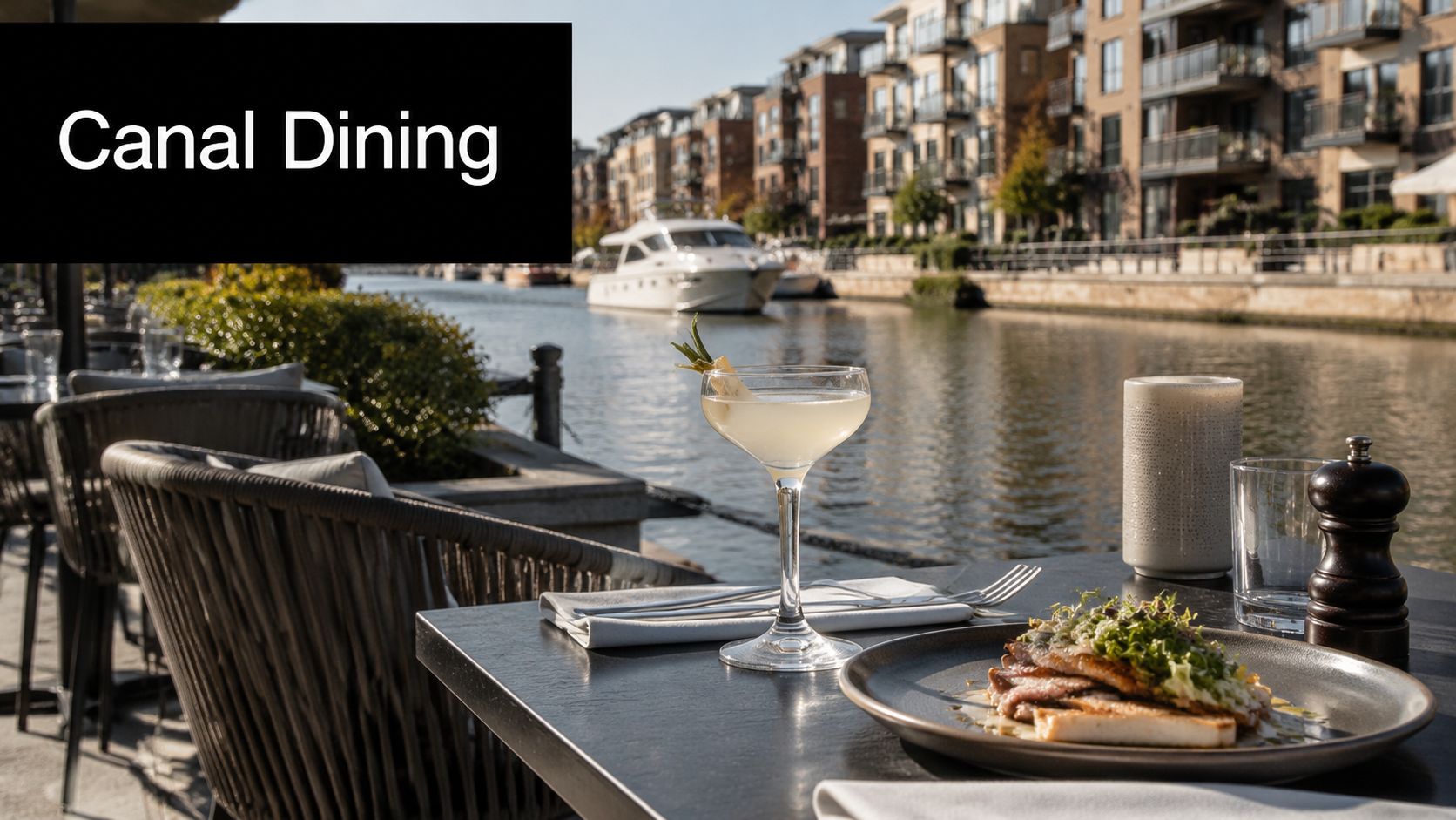 A sophisticated meal and cocktail on a riverside table overlooking the scenic canal in Little Venice, London.