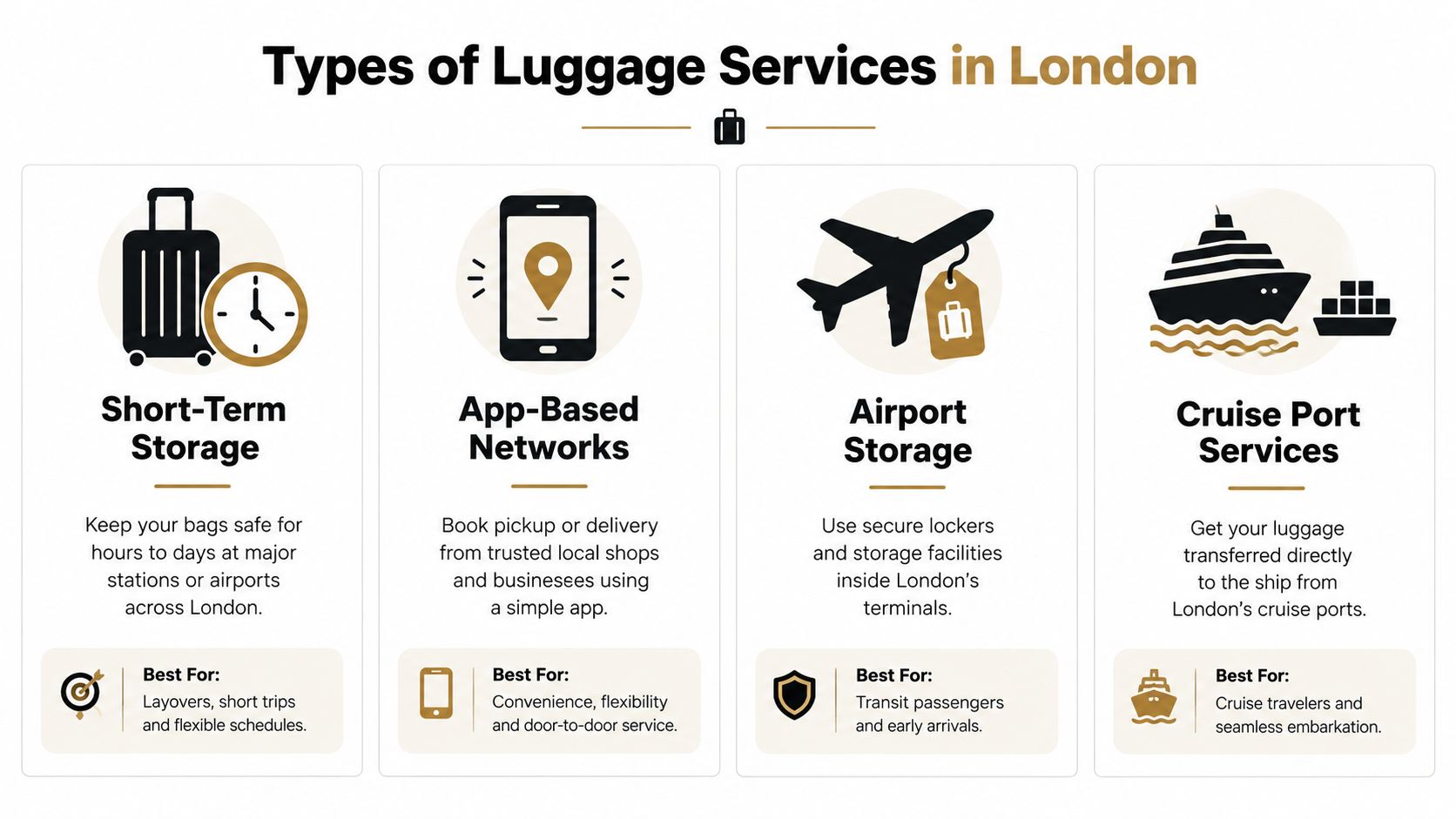 An infographic illustrating four different types of luggage storage and handling services available in London.
