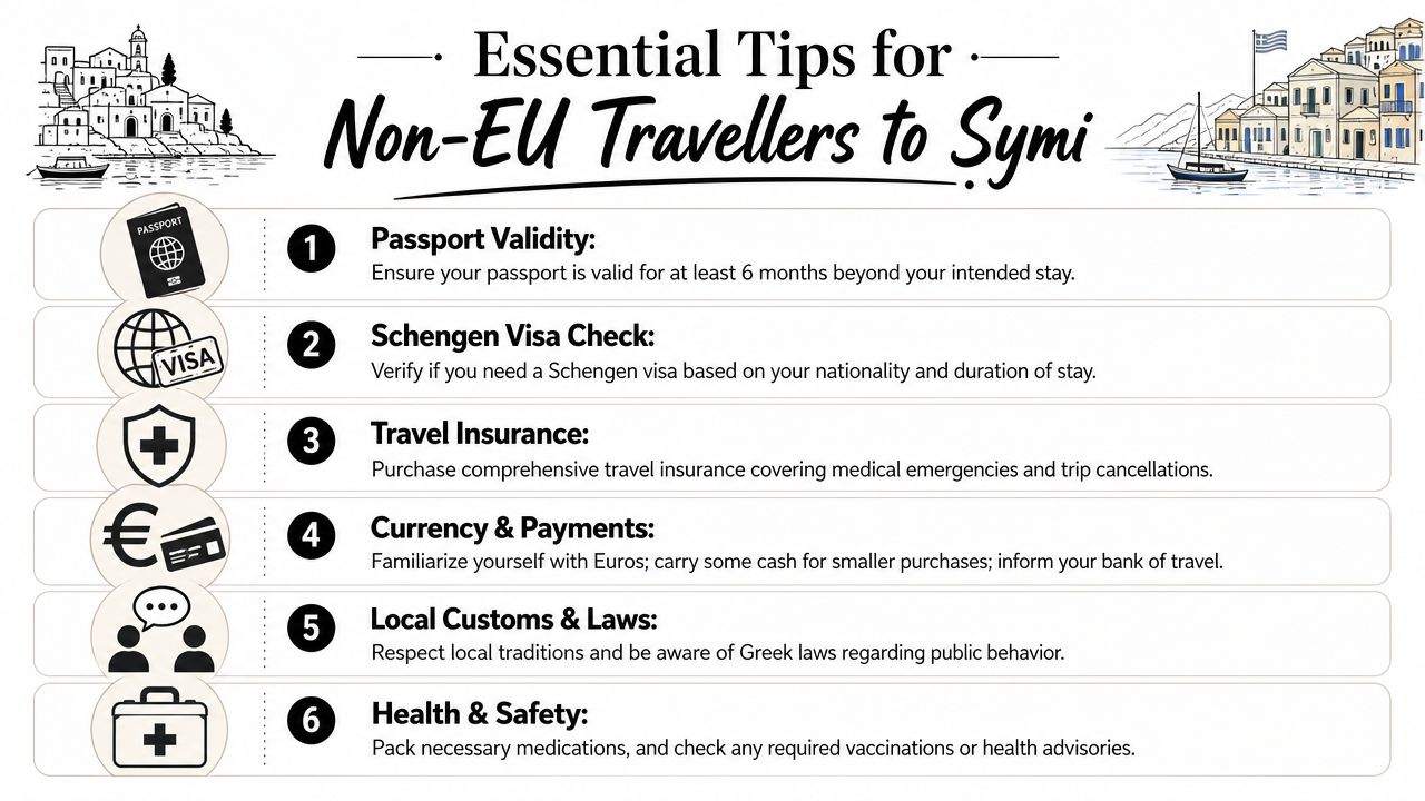 An infographic titled Essential Tips for Non-EU Travellers to Symi featuring six key travel advice points.