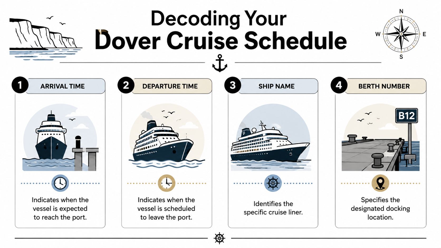An infographic explaining how to interpret the four key components of a Dover cruise ship schedule.