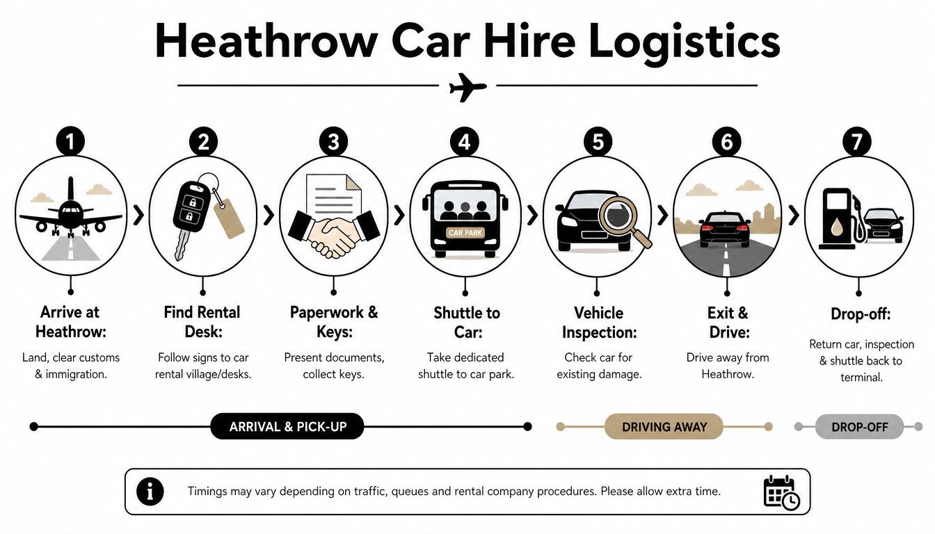 A step-by-step infographic illustrating the Heathrow Airport car hire process from arrival to drop-off.