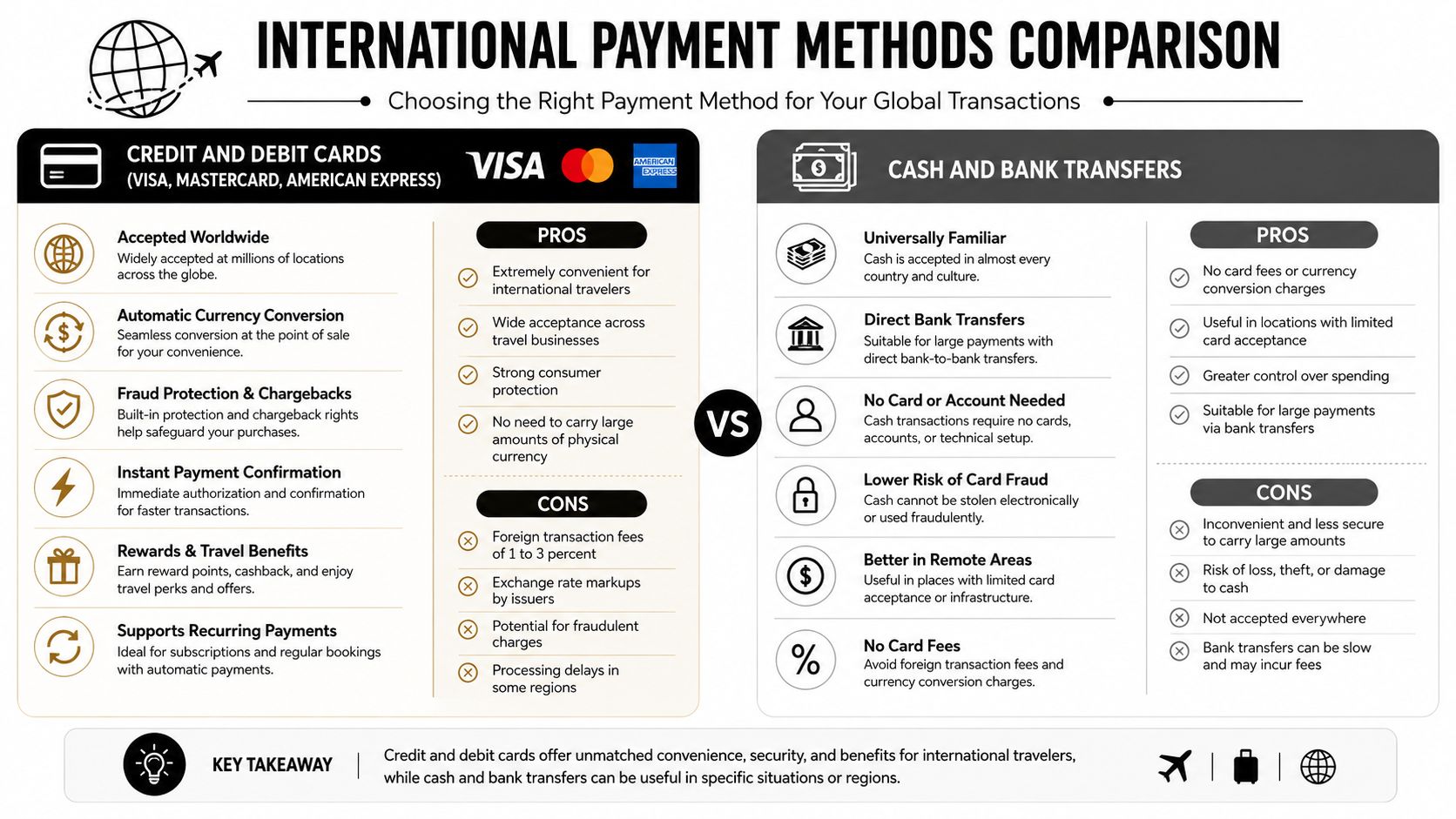 A comparative infographic detailing the pros and cons of using credit cards versus cash for international payments.