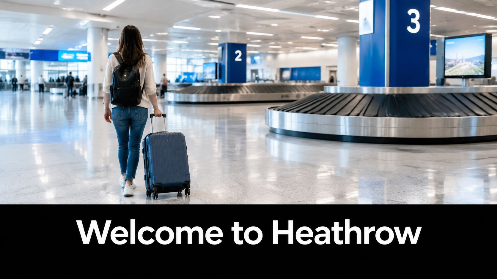 A woman with a backpack and suitcase walking through a modern Heathrow Airport baggage claim area.