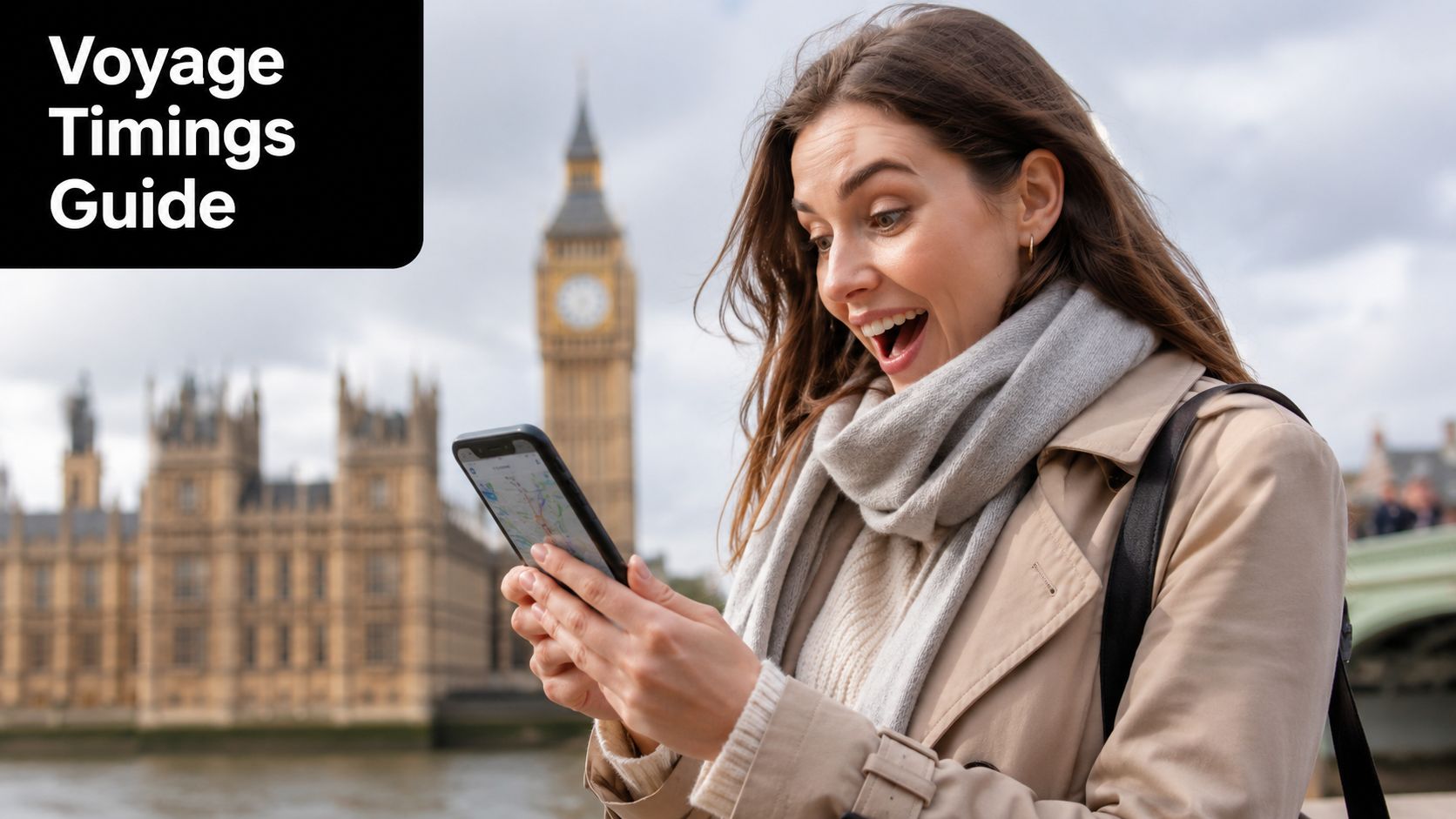 A joyful woman looking at her smartphone in front of the Elizabeth Tower in London.