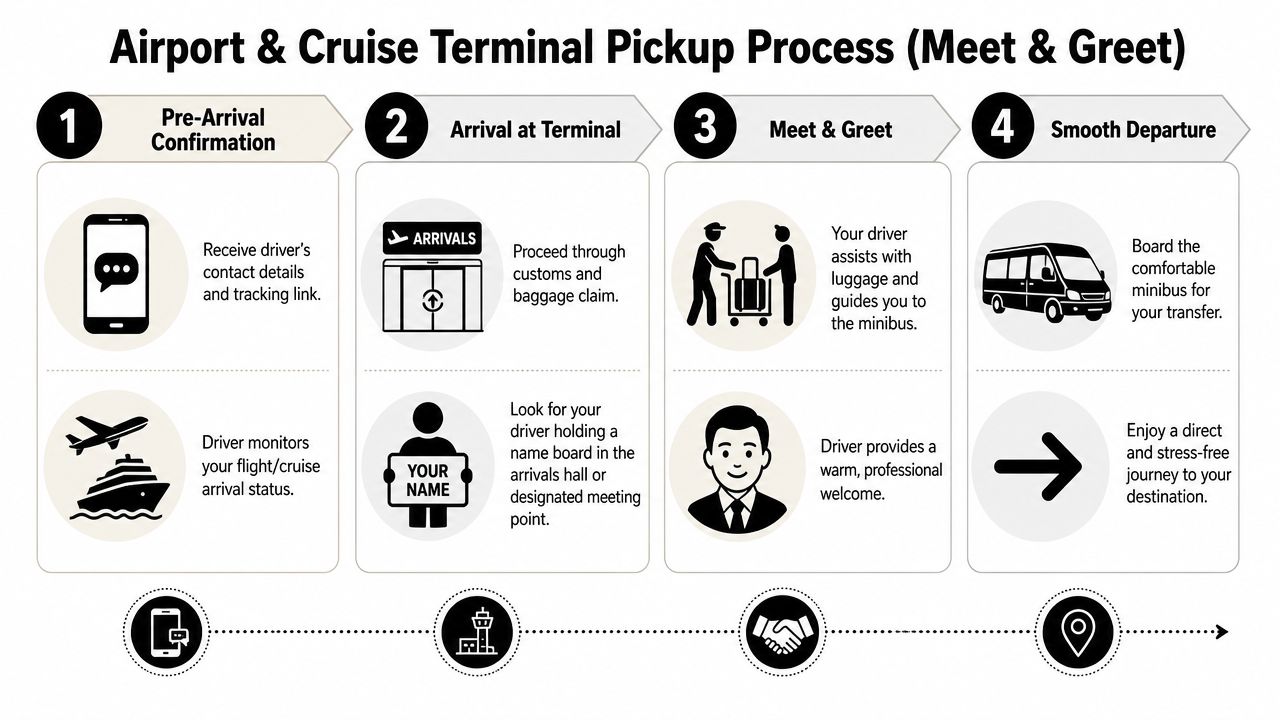 A four-step infographic illustrating the airport and cruise terminal pickup process for a professional transfer service.