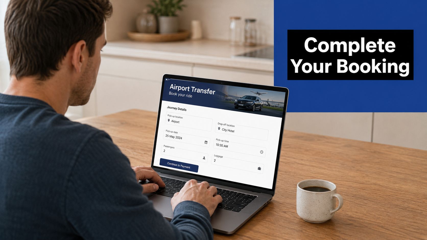 A man using a laptop to book an airport transfer service on a travel website.
