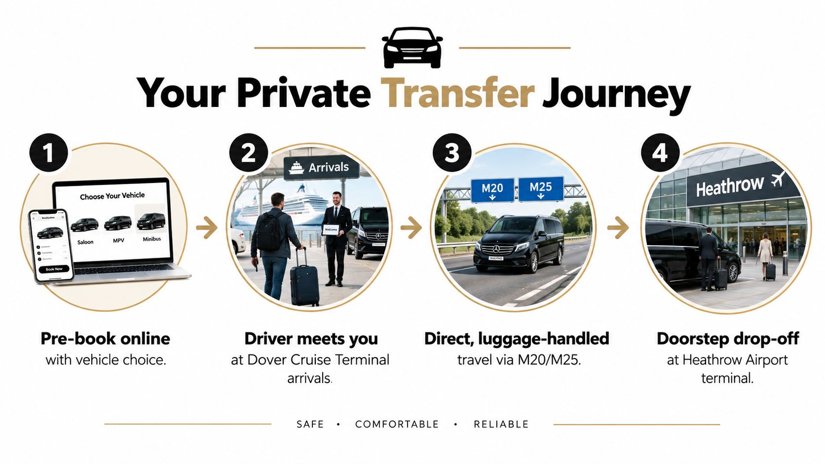 A four-step infographic illustrating a private transfer journey from Dover Cruise Terminal to Heathrow Airport.