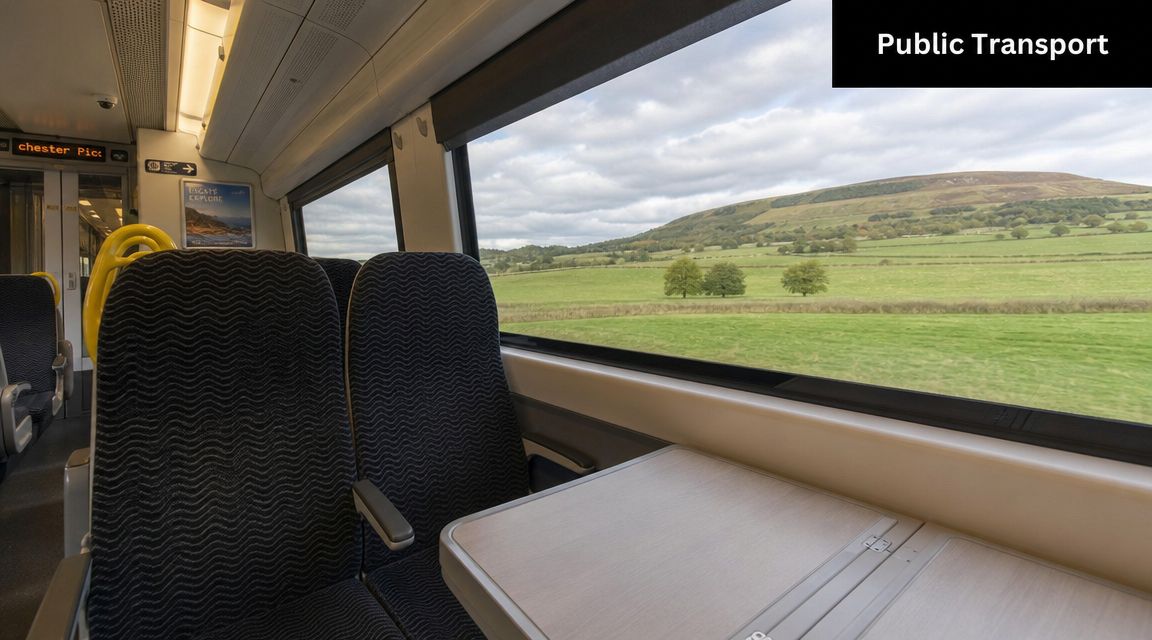 A view from inside a train carriage featuring patterned seats and a table overlooking green hills.