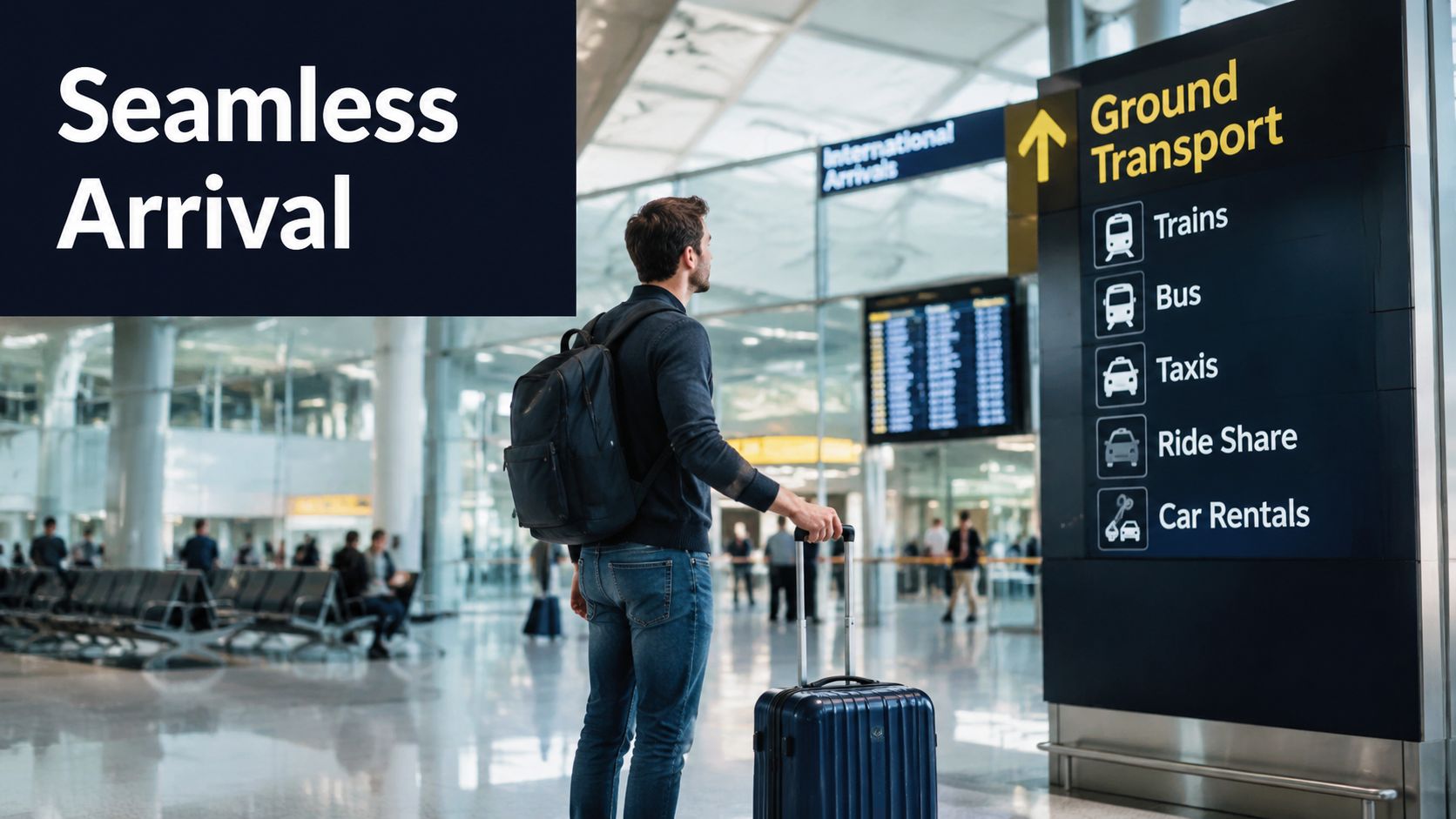 A traveler with a backpack and suitcase standing in an airport terminal near ground transportation signage.
