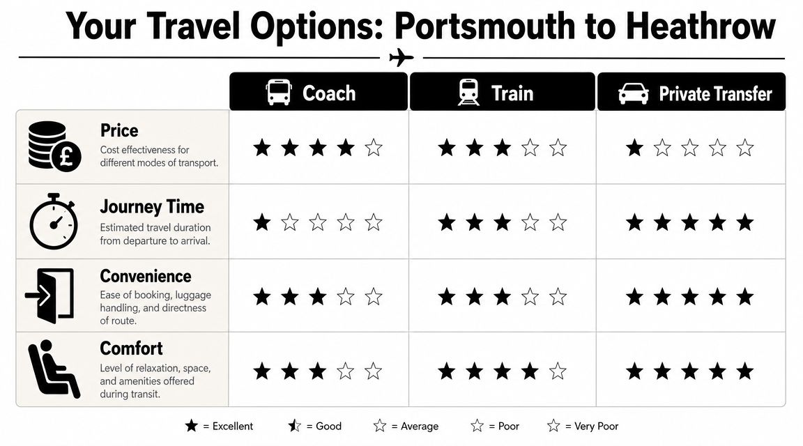 A comparison chart showing ratings for coach, train, and private transfer options from Portsmouth to Heathrow airport.