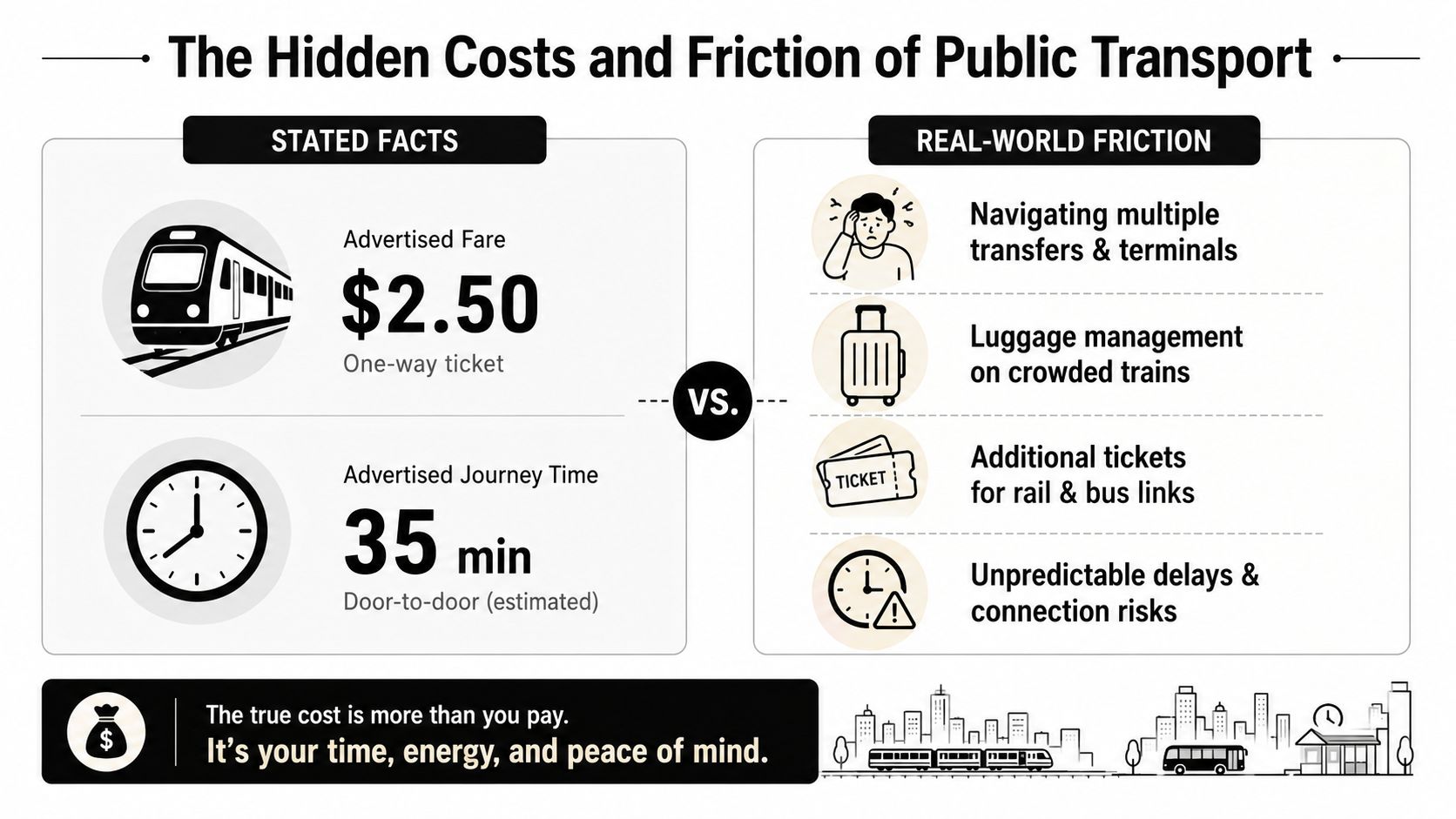 An infographic highlighting the hidden frustrations and real-world costs of using public transportation compared to advertised figures.