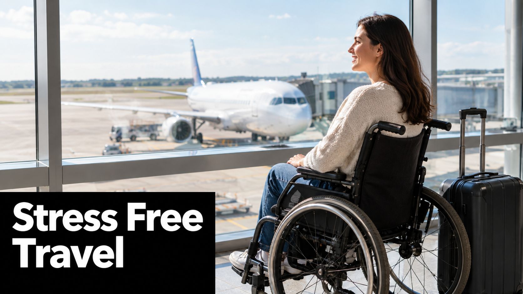 A woman in a wheelchair smiles while looking at an airplane from an airport window next to luggage.