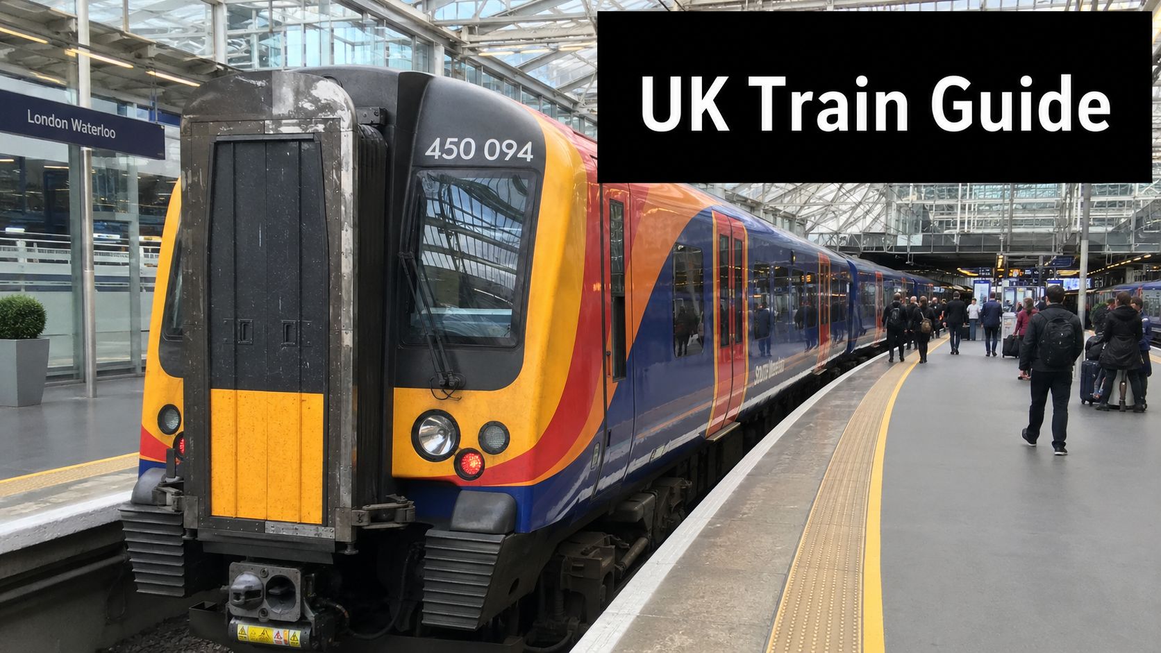 A modern train at London Waterloo station, representing rail travel options for journeys from London to Southampton.
