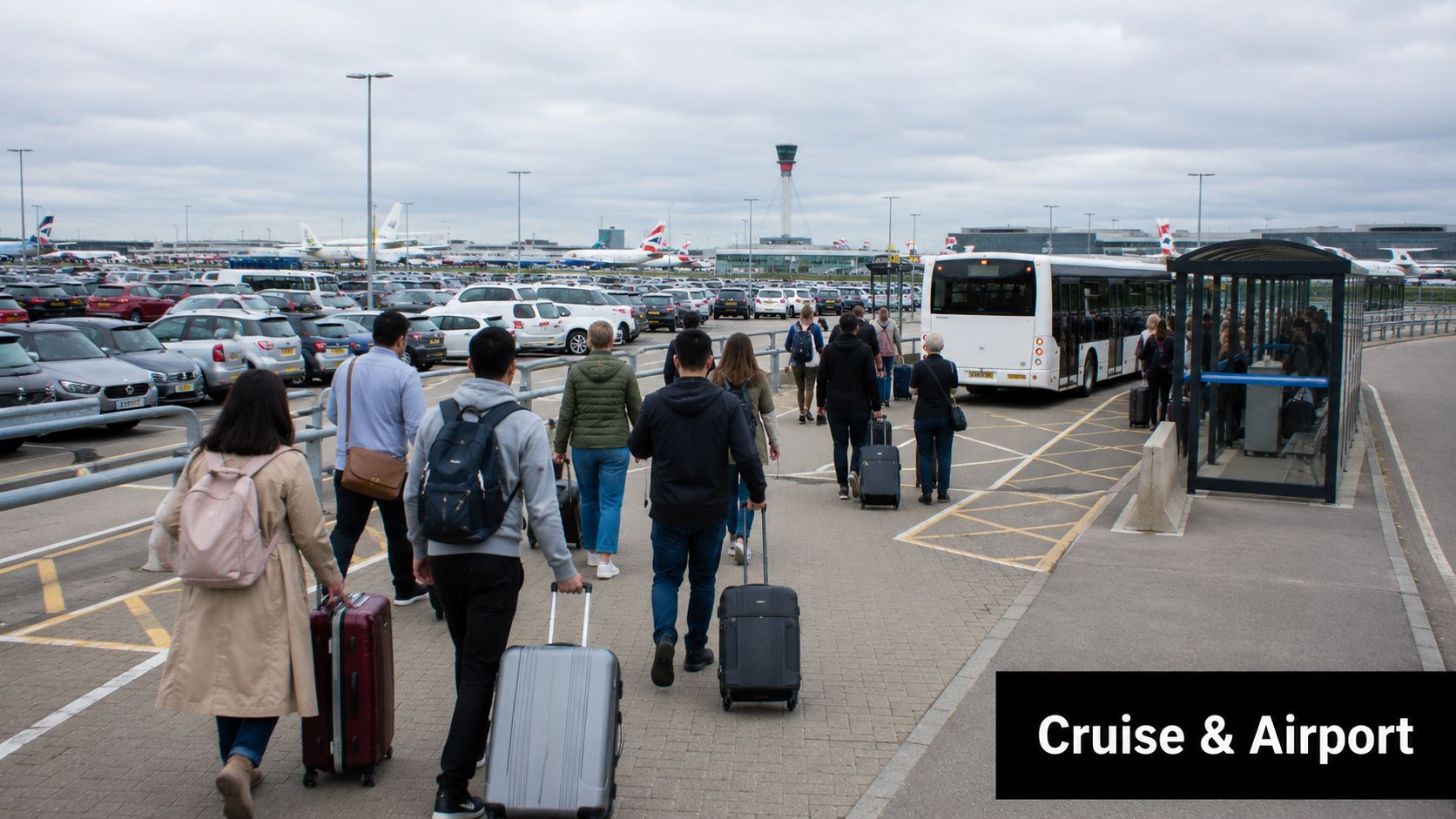 A group of travelers walking toward an airport shuttle bus with luggage in a parking lot.