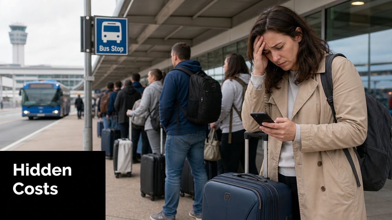 A stressed woman waiting at a bus stop outside an airport terminal with other travelers nearby.