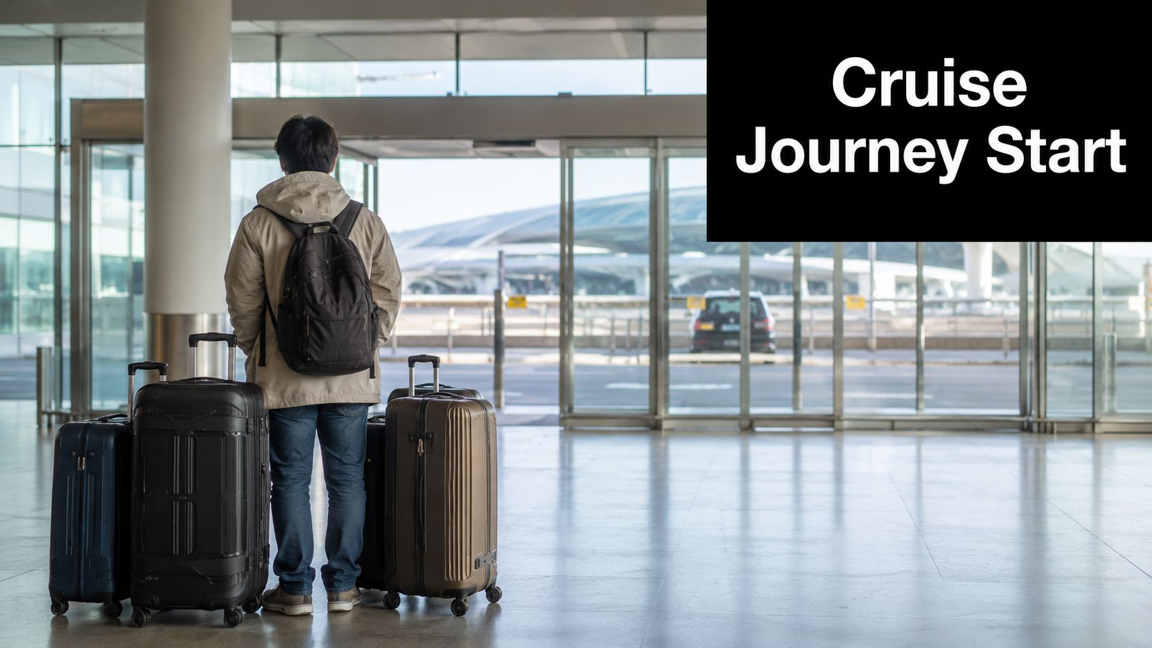 A traveler standing with luggage in an airport terminal ready to begin a journey.
