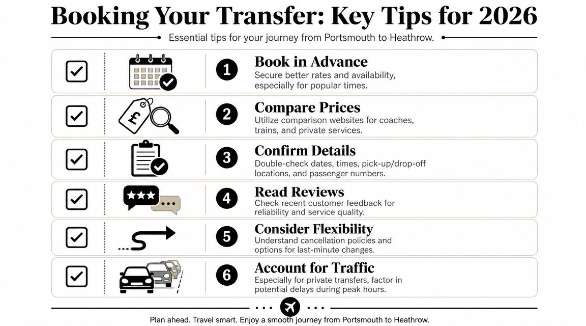An infographic titled Booking Your Transfer: Key Tips for 2026 for traveling from Portsmouth to Heathrow Airport.