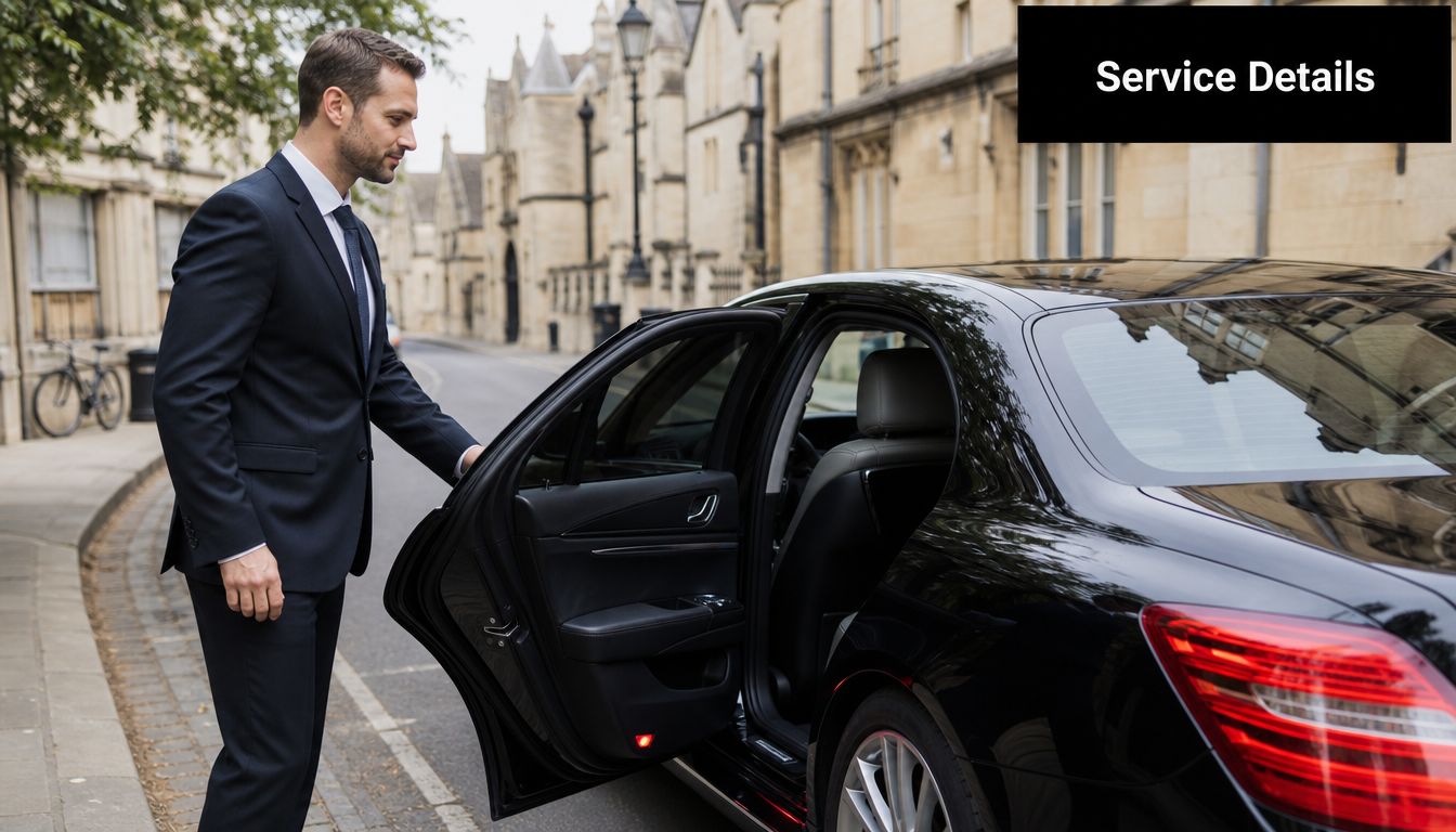 A professional chauffeur in a suit holds open the back door of a black car on a street.
