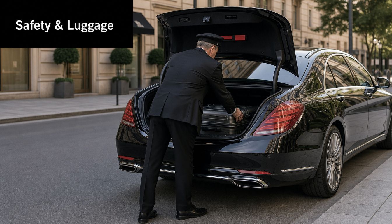 A professional chauffeur loading luggage into the trunk of a luxury black sedan on a city street.