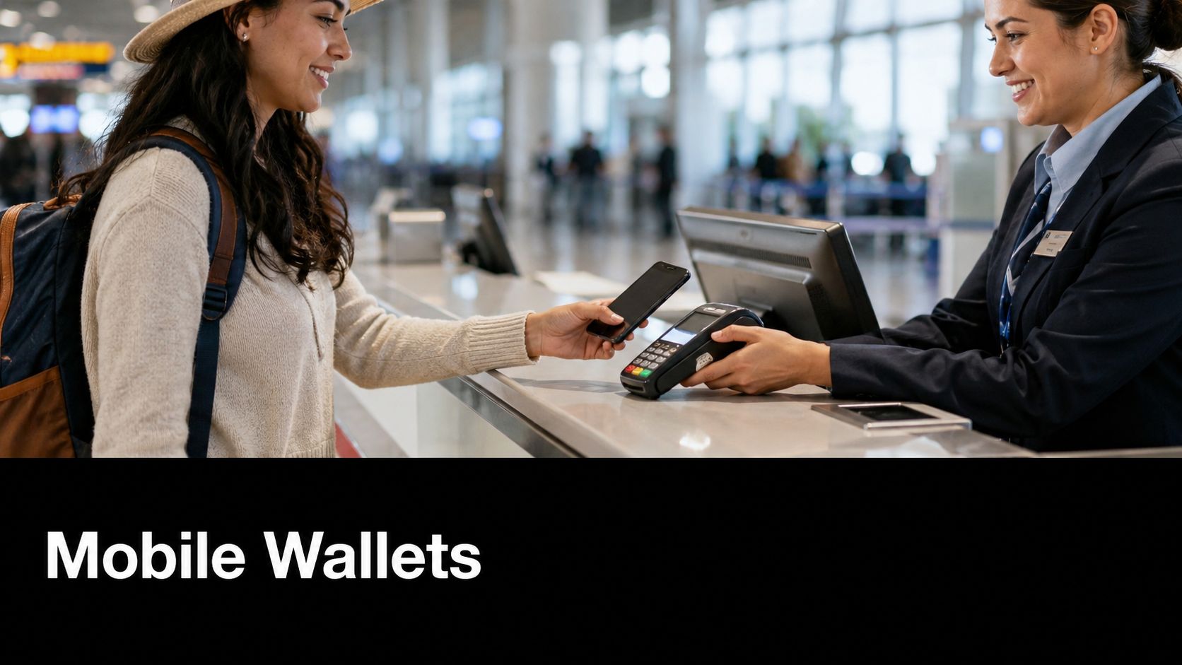 A traveler at an airport check-in desk uses her smartphone for a contactless mobile payment transaction.