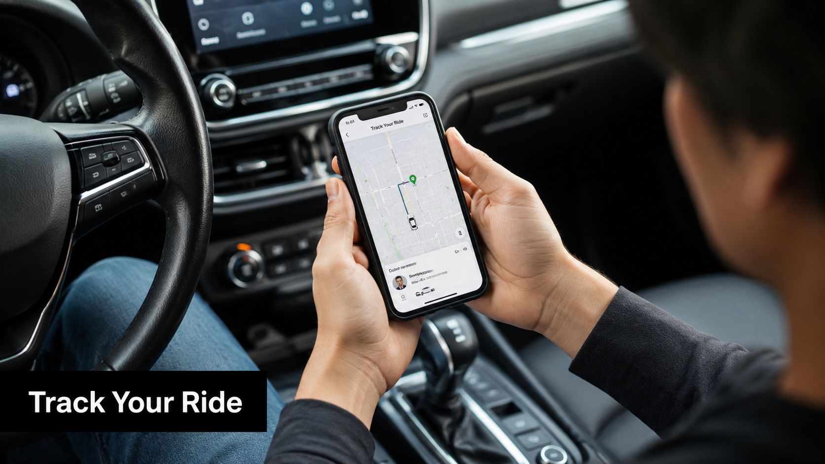 A person sitting in a car holding a smartphone displaying a real-time ride tracking mobile application.