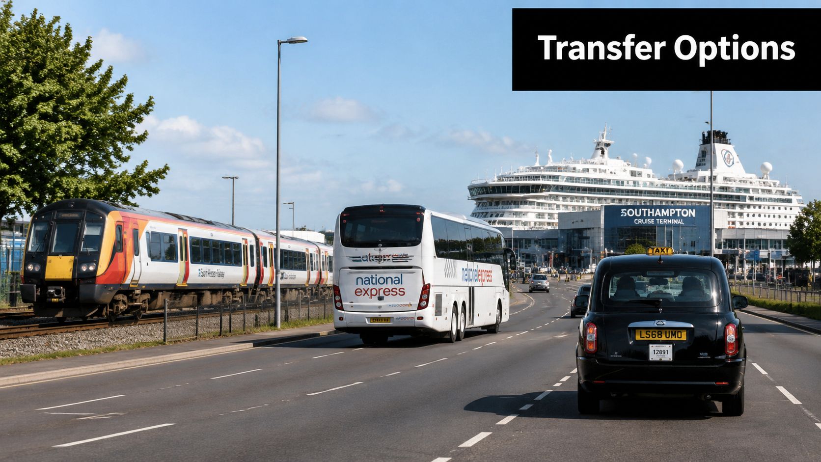 A train, a National Express bus, and a black taxi arriving at the Southampton Cruise Terminal.