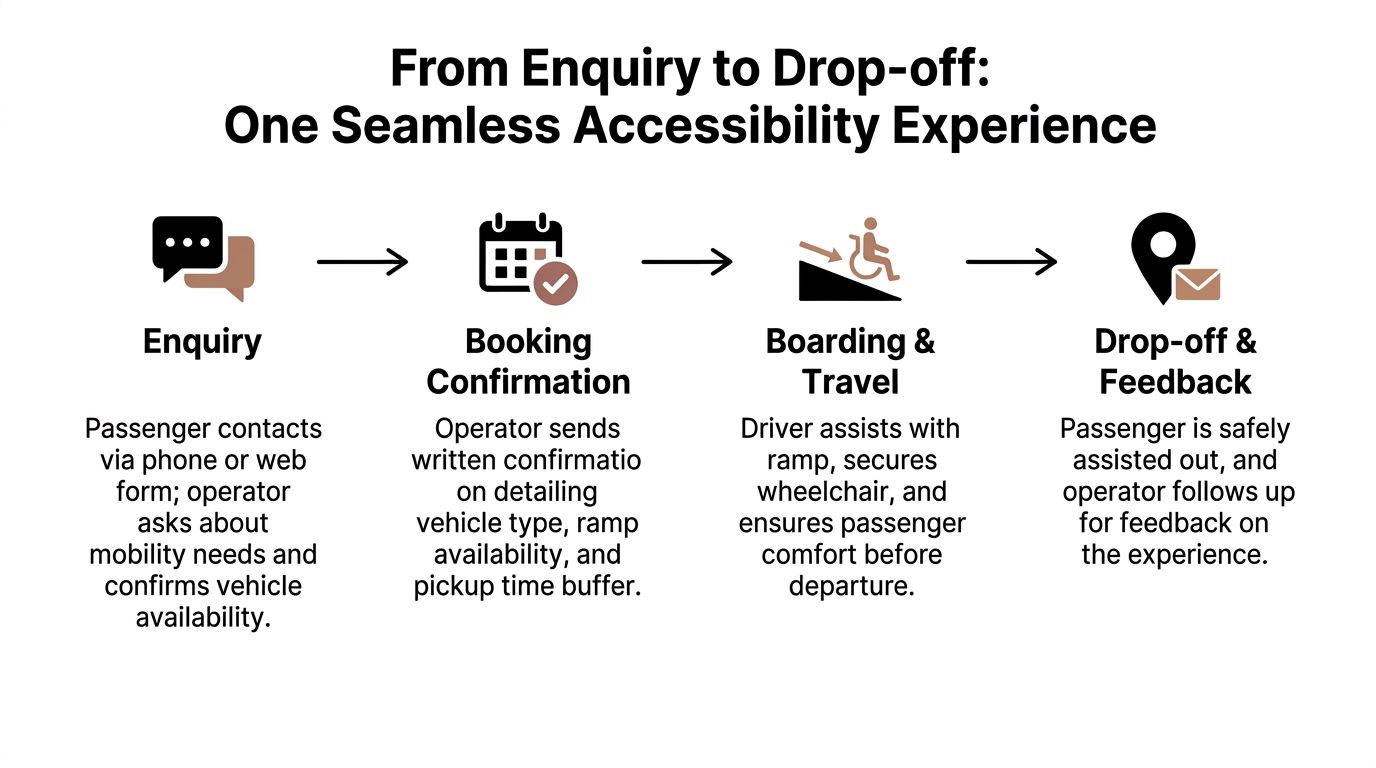 A process flow chart illustrating the four steps of an accessible transport service for mobility impaired passengers.