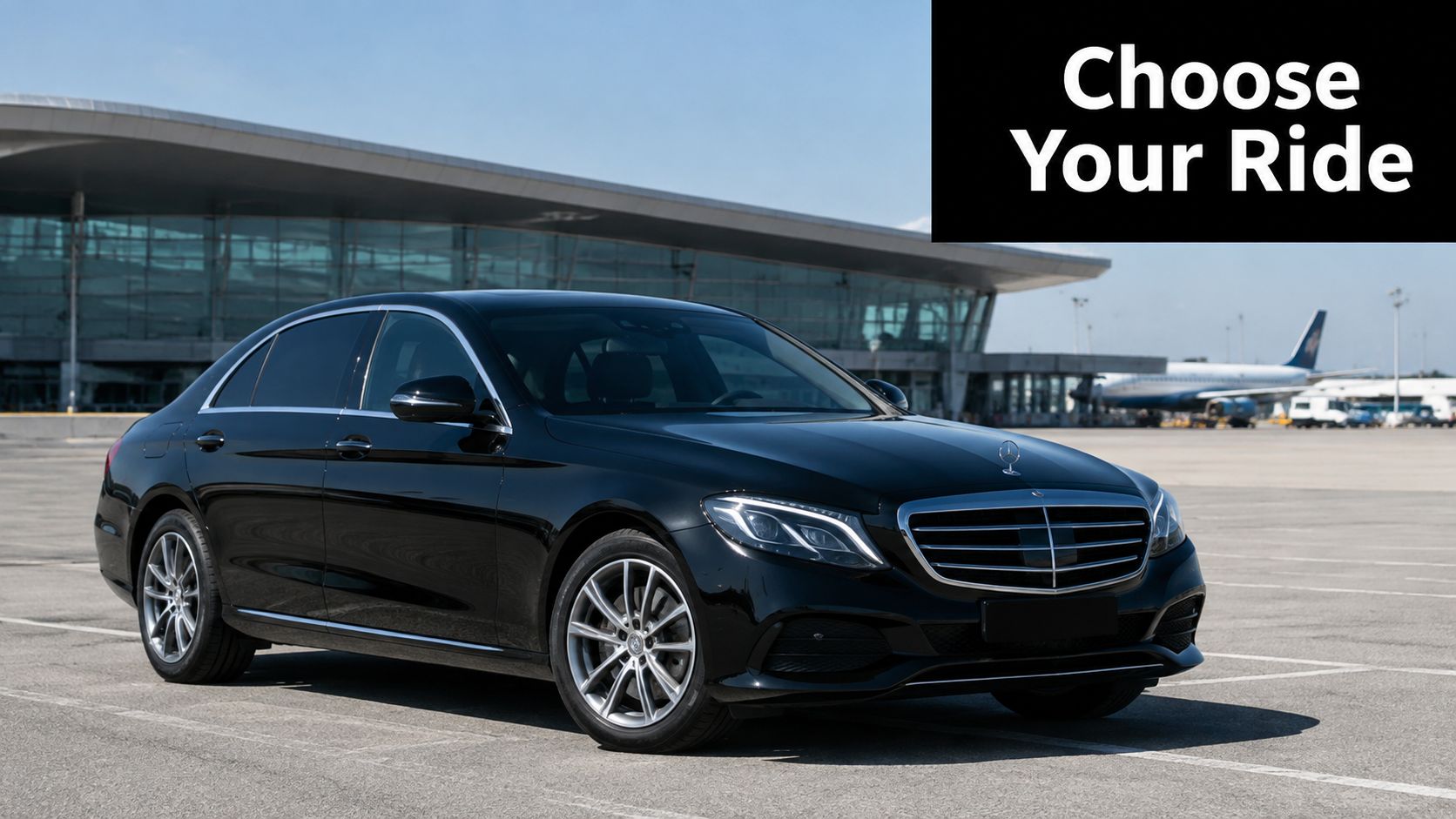 A black Mercedes sedan parked at an airport tarmac with a passenger airplane in the background.