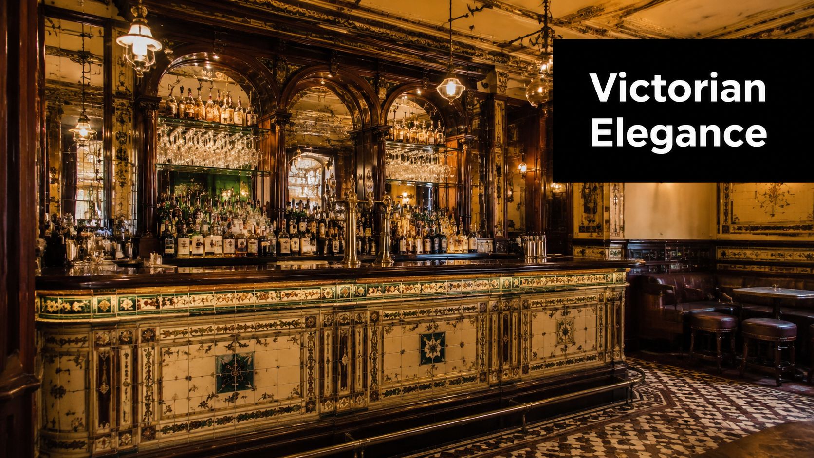 A luxurious and historic bar interior in London featuring ornate Victorian tiles and elegant mahogany wood finishes.