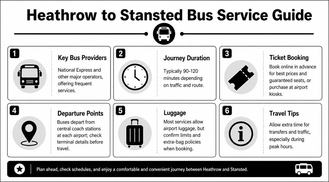 An infographic titled Heathrow to Stansted Bus Service Guide detailing key tips for airport transit.