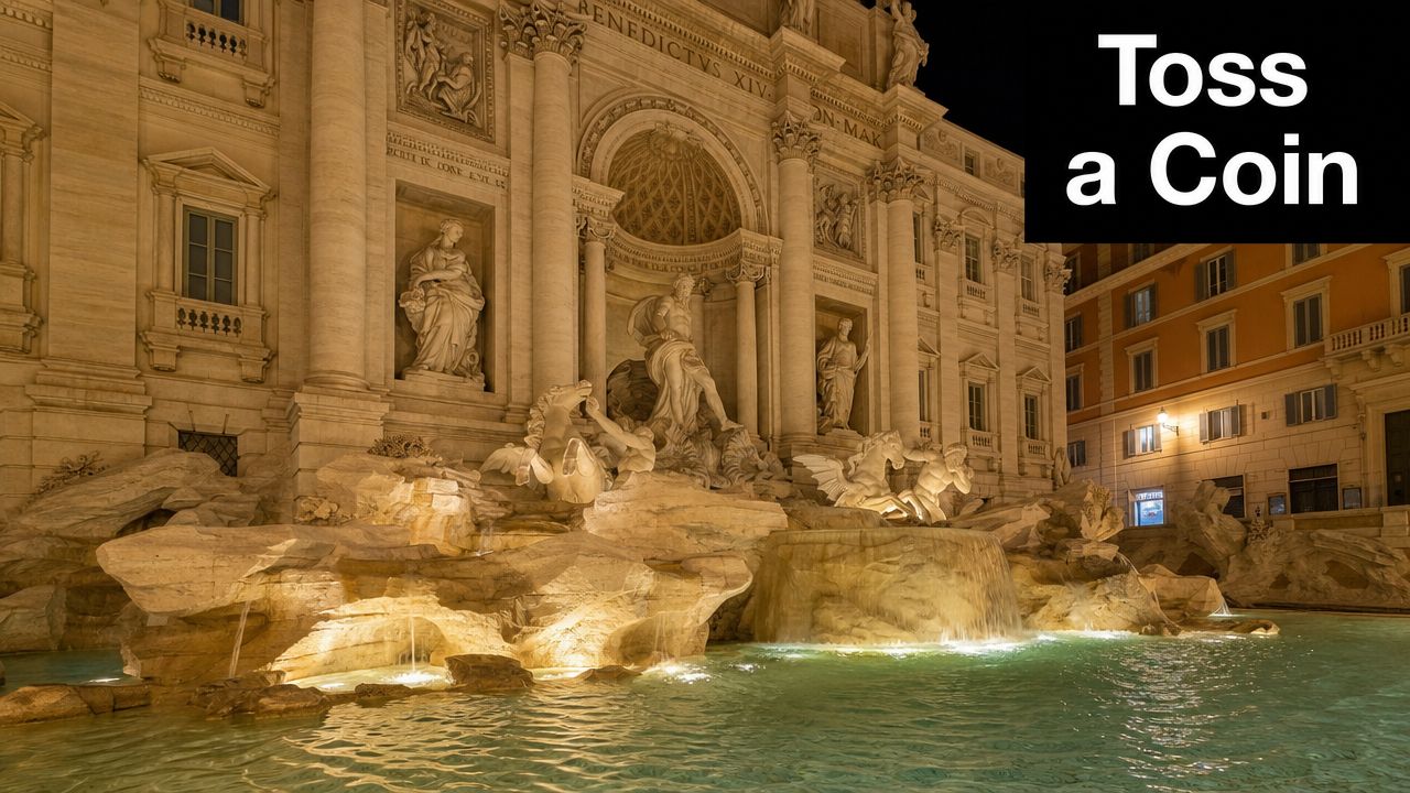 The Trevi Fountain in Rome illuminated at night, featuring ornate statues and cascading water in a historic piazza.
