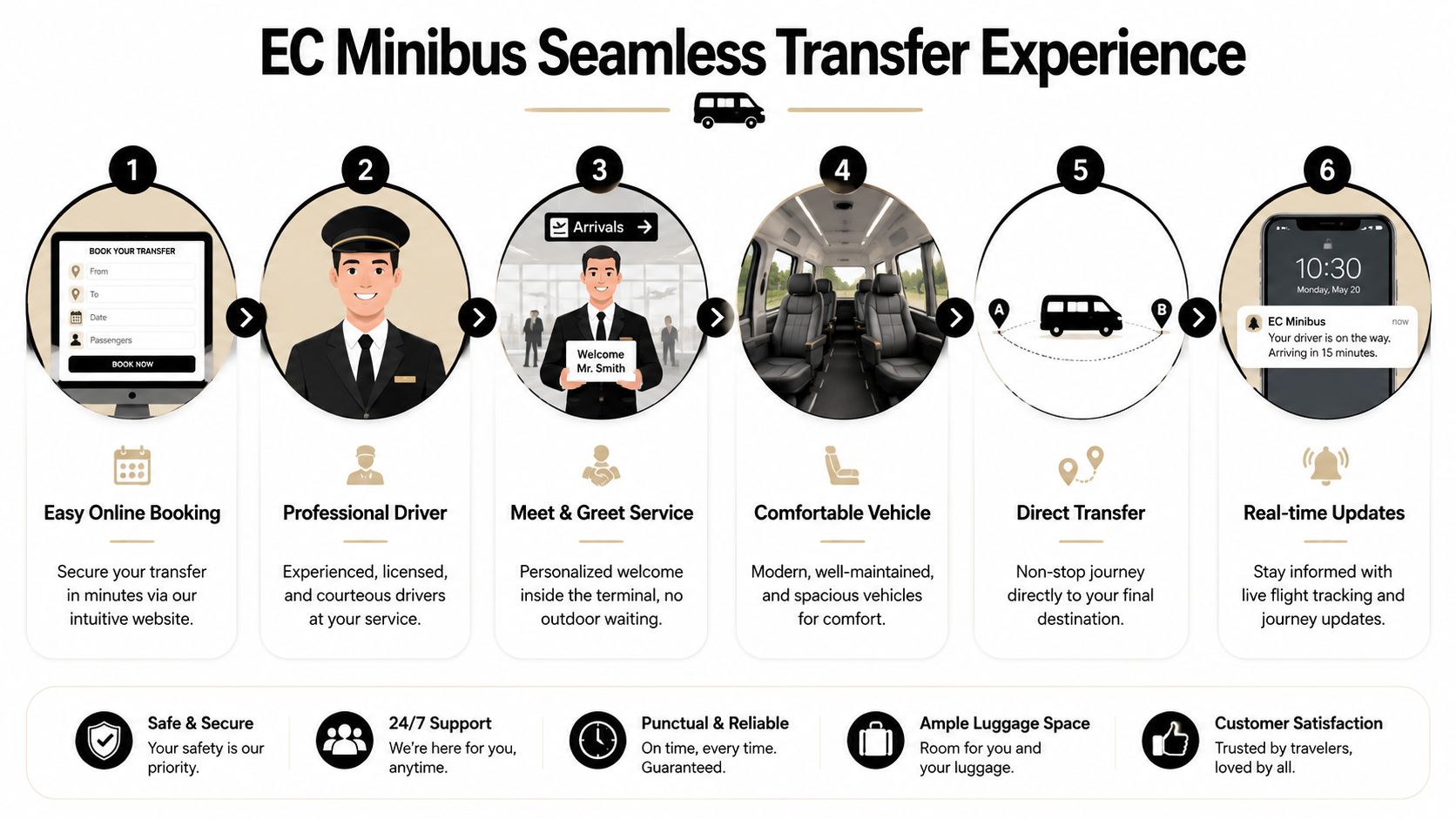 A six-step infographic explaining the seamless, professional, and reliable door to door minibus transfer booking process.