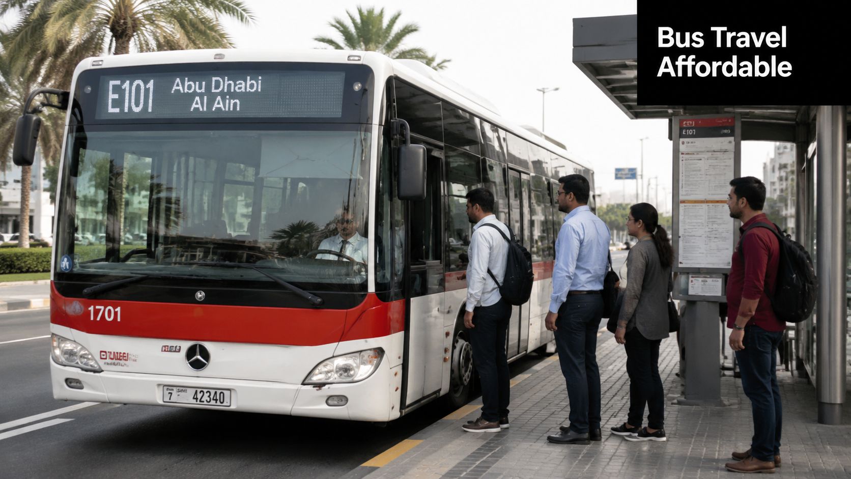 Passengers waiting at a bus stop to board an E101 bus traveling from Abu Dhabi to Dubai.