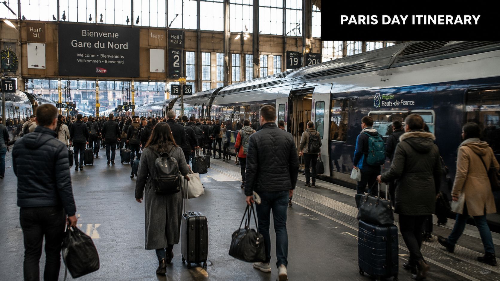 Crowded station platform at Gare du Nord in Paris with travelers arriving for a day trip.