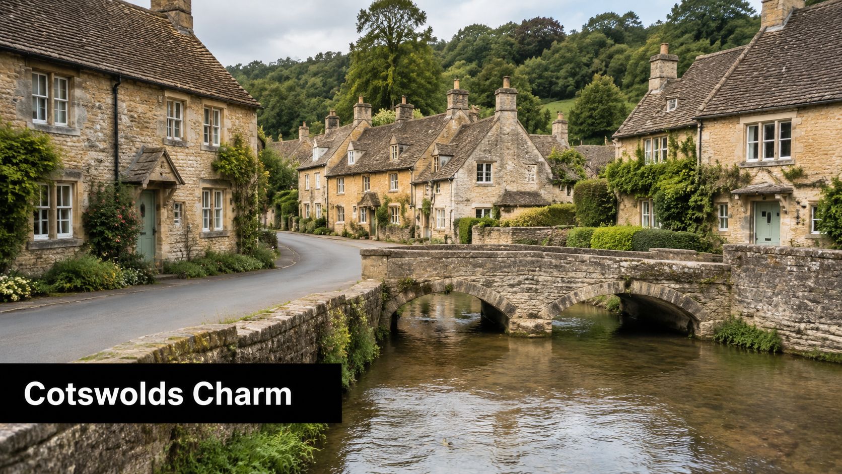 A picturesque view of traditional Cotswold stone cottages alongside a flowing stream with an ancient stone bridge.